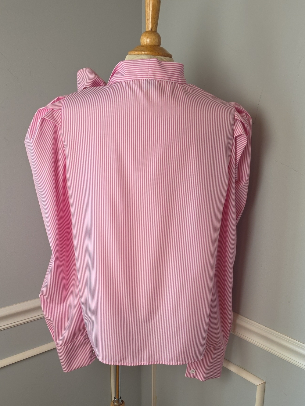 SHEIN Pink White Striped Puff Sleeve Tie Neck Bow Career Office Blouse Top XL - Picture 3 of 8